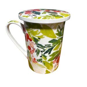 Flower Themed Kent Pottery Tea Mug & Lid Set With Red Berry & Green Leaf Design